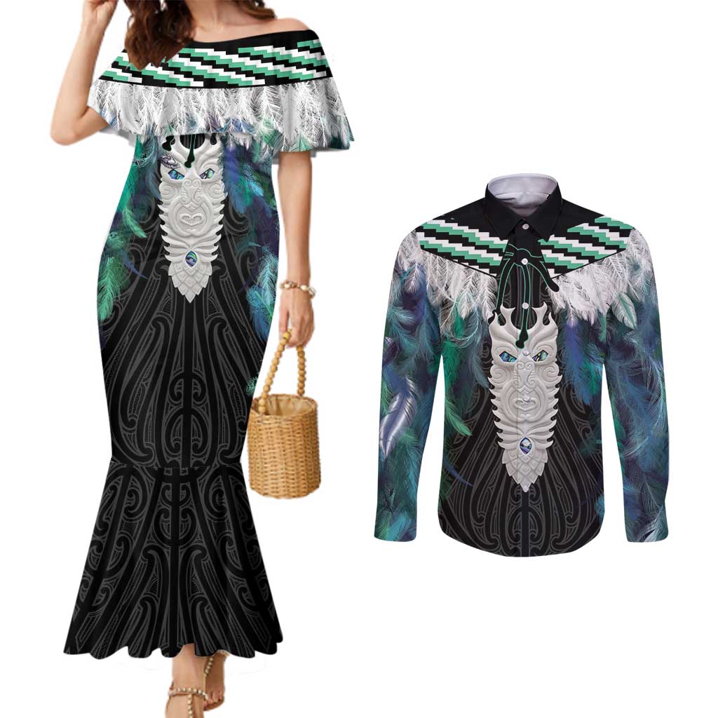 Aotearoa Korowai Motif Couples Matching Mermaid Dress and Long Sleeve Button Shirt Maori Tane Poutama LT14 Turquoise - Polynesian Pride
