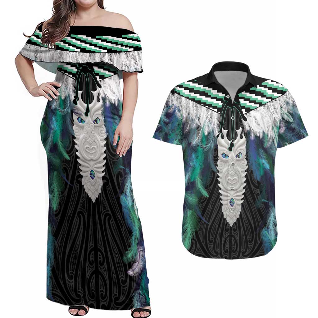 Aotearoa Korowai Motif Couples Matching Off Shoulder Maxi Dress and Hawaiian Shirt Maori Tane Poutama LT14 Turquoise - Polynesian Pride