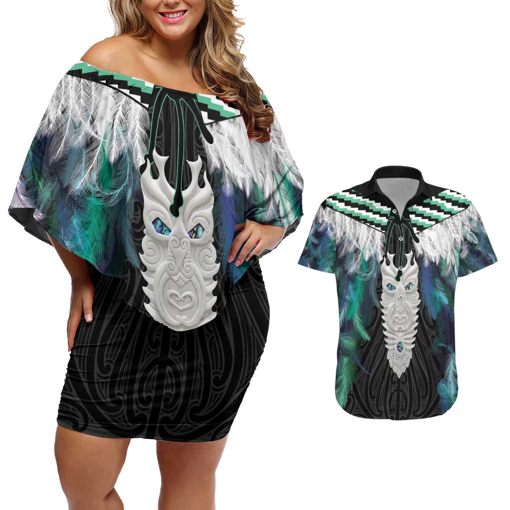 Aotearoa Korowai Motif Couples Matching Off Shoulder Short Dress and Hawaiian Shirt Maori Tane Poutama LT14 Turquoise - Polynesian Pride