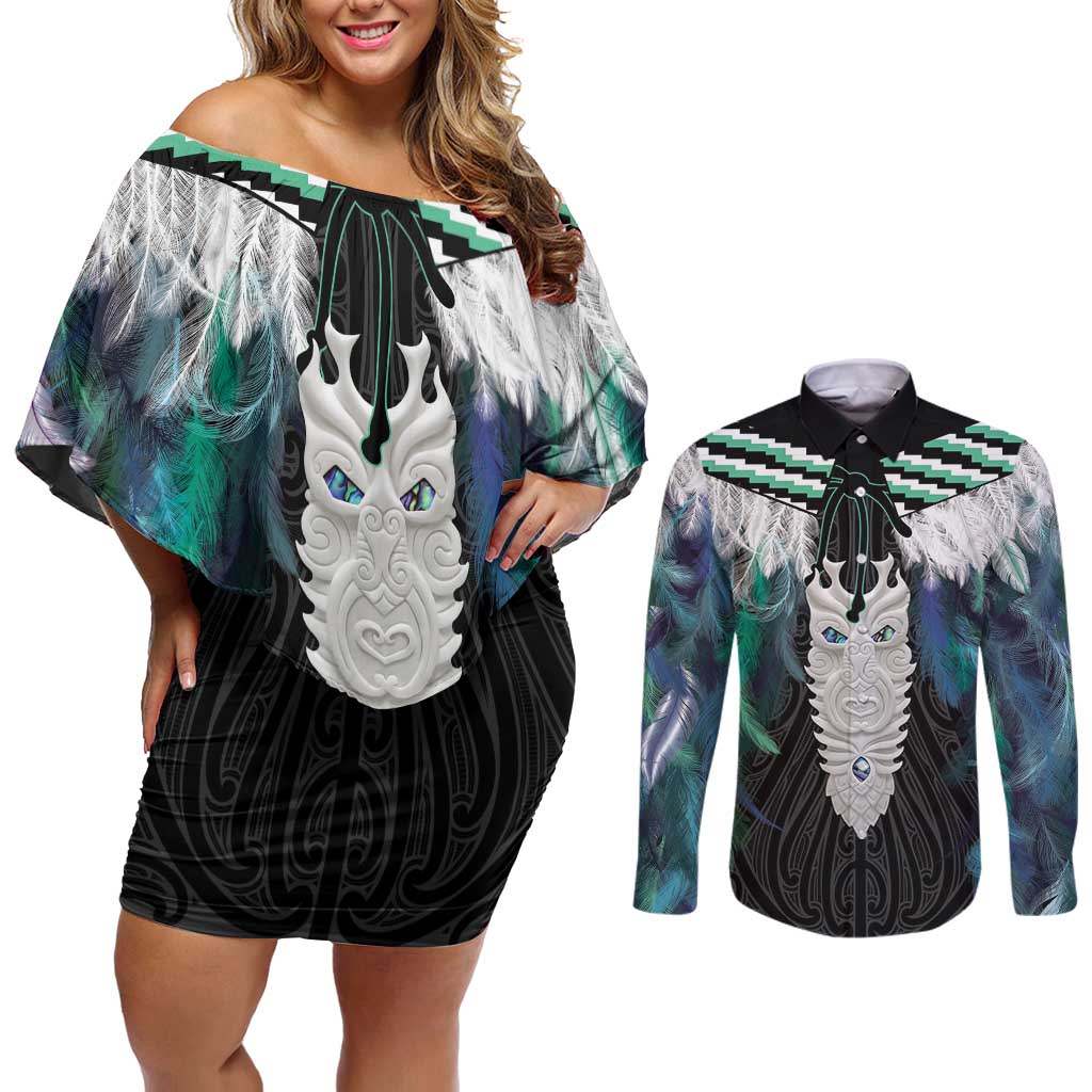 Aotearoa Korowai Motif Couples Matching Off Shoulder Short Dress and Long Sleeve Button Shirt Maori Tane Poutama LT14 Turquoise - Polynesian Pride