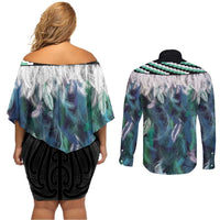 Aotearoa Korowai Motif Couples Matching Off Shoulder Short Dress and Long Sleeve Button Shirt Maori Tane Poutama LT14 - Polynesian Pride