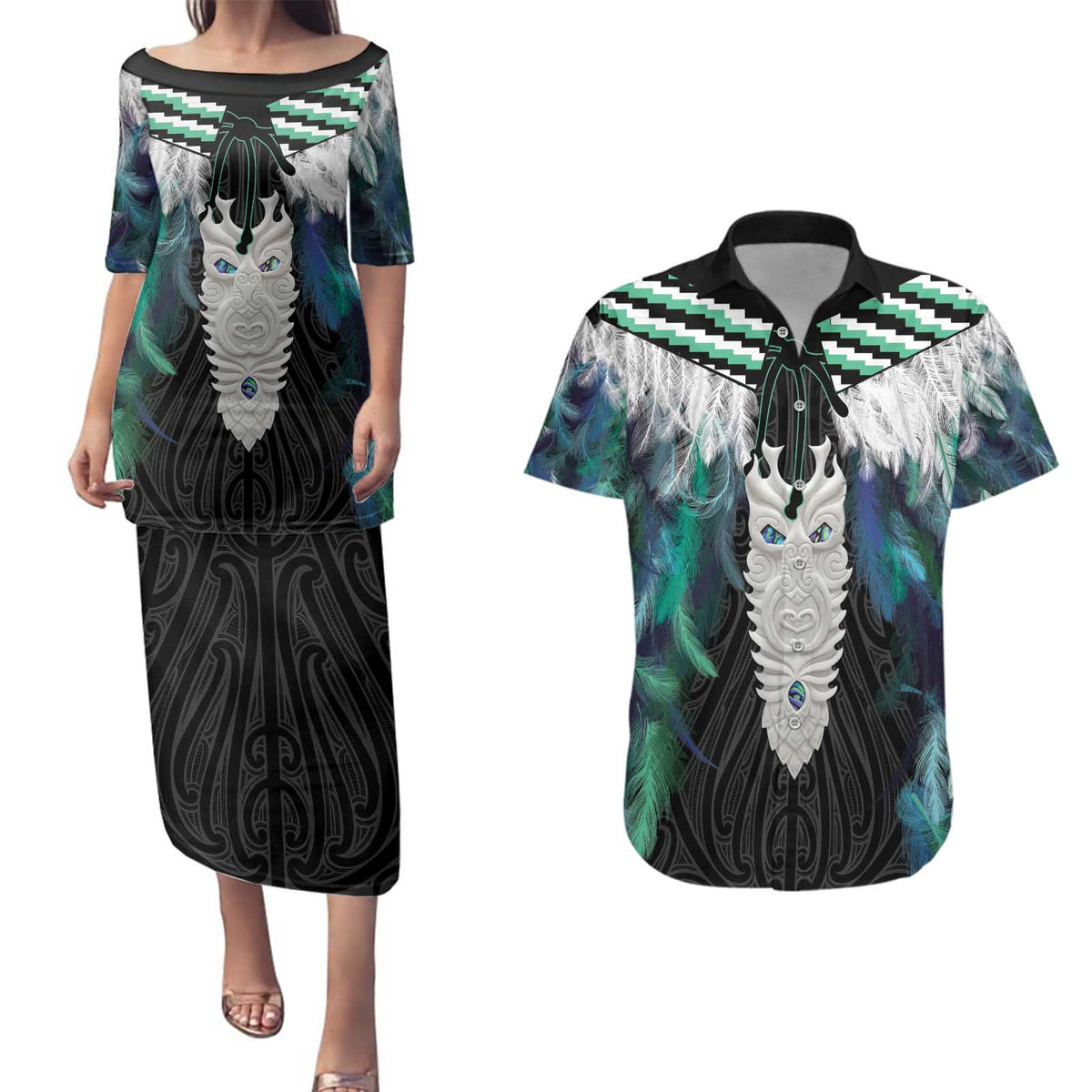 Aotearoa Korowai Motif Couples Matching Puletasi and Hawaiian Shirt Maori Tane Poutama LT14 Turquoise - Polynesian Pride