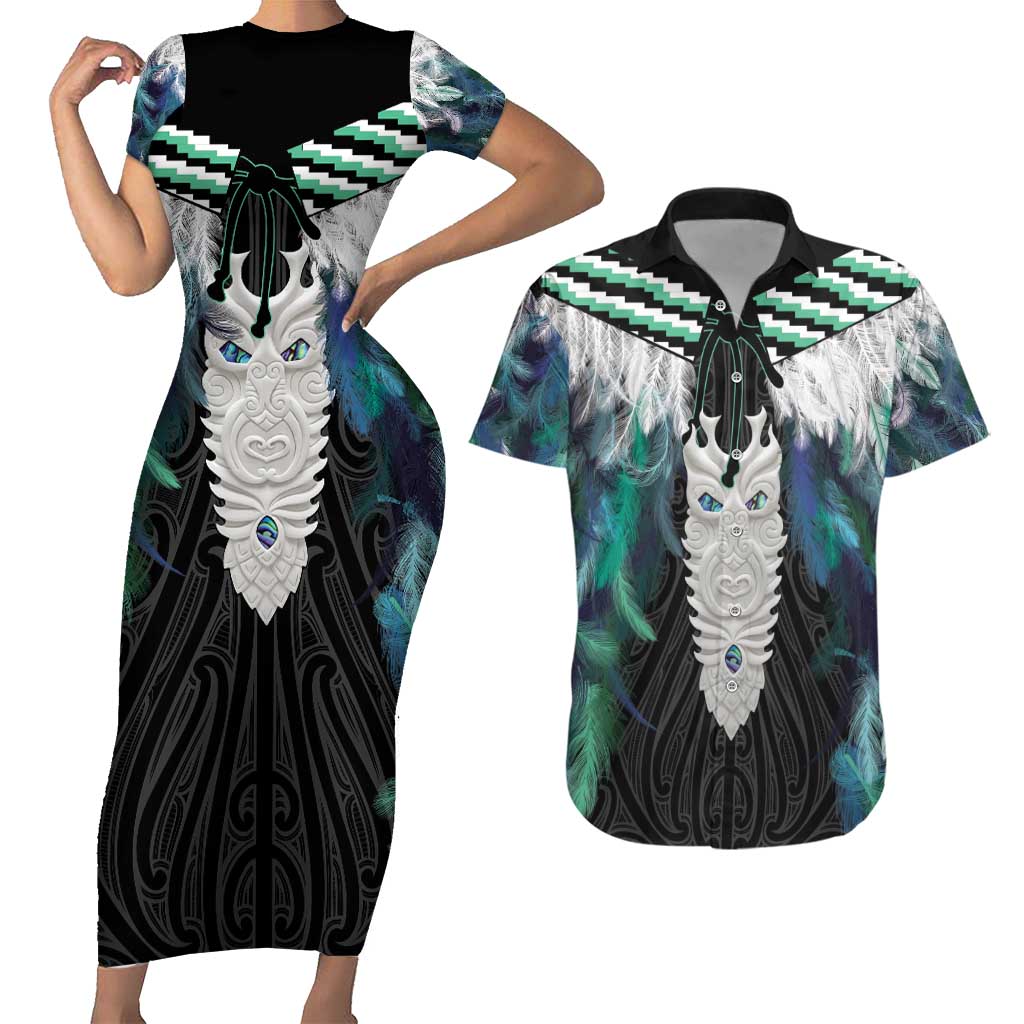 Aotearoa Korowai Motif Couples Matching Short Sleeve Bodycon Dress and Hawaiian Shirt Maori Tane Poutama LT14 Turquoise - Polynesian Pride