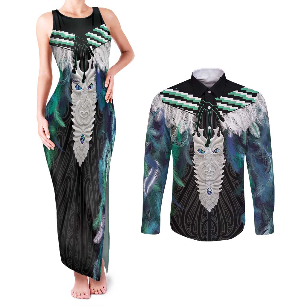 Aotearoa Korowai Motif Couples Matching Tank Maxi Dress and Long Sleeve Button Shirt Maori Tane Poutama LT14 Turquoise - Polynesian Pride