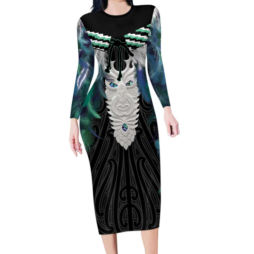 Aotearoa Korowai Motif Family Matching Long Sleeve Bodycon Dress and Hawaiian Shirt Maori Tane Poutama LT14 Mom's Dress Turquoise - Polynesian Pride