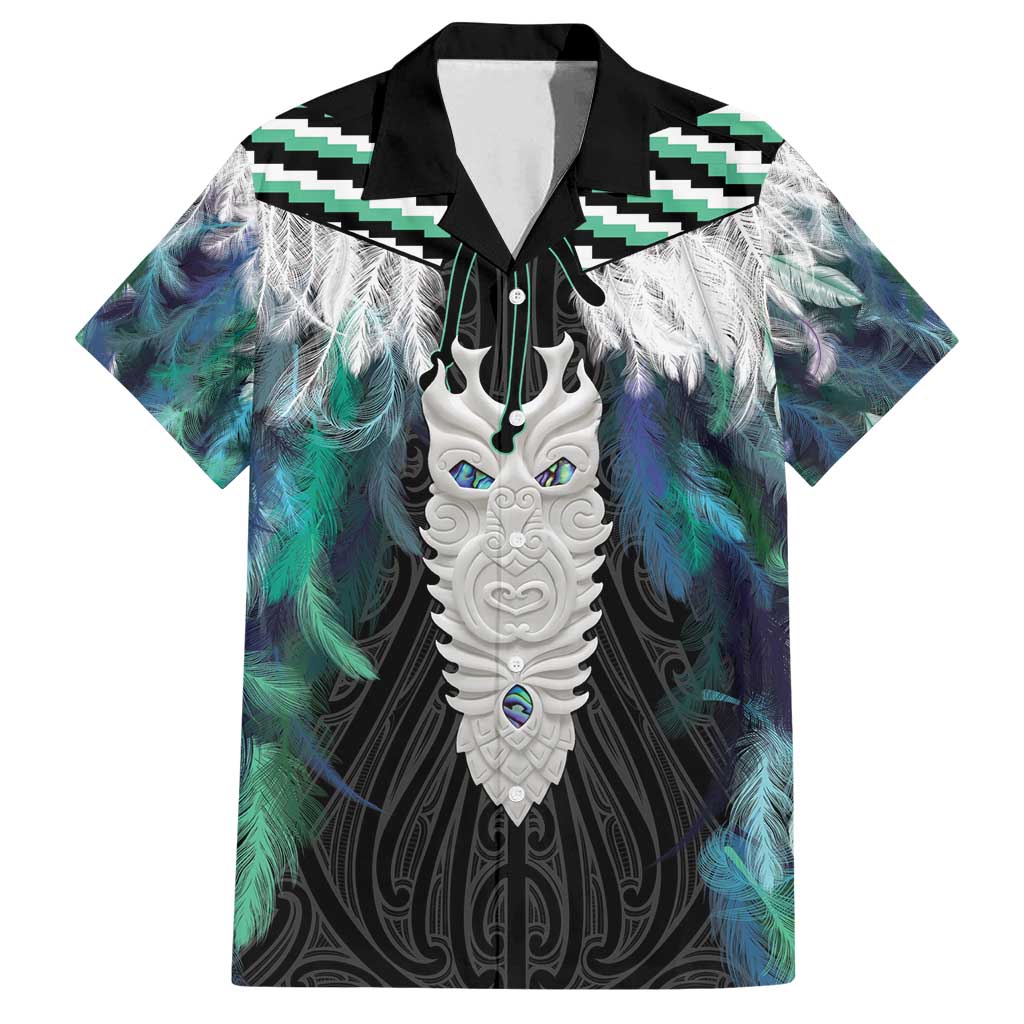 Aotearoa Korowai Motif Family Matching Off Shoulder Maxi Dress and Hawaiian Shirt Maori Tane Poutama LT14 Dad's Shirt - Short Sleeve Turquoise - Polynesian Pride