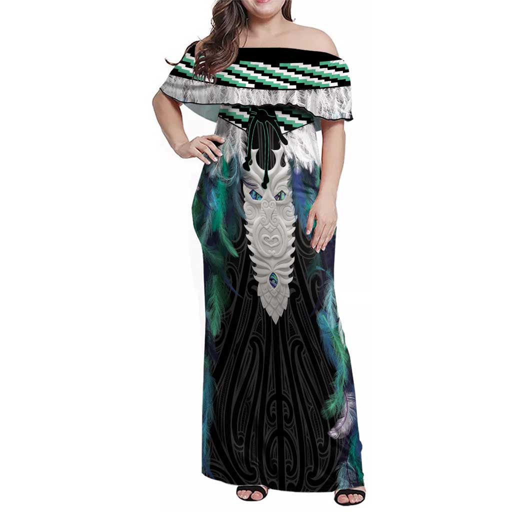 Aotearoa Korowai Motif Family Matching Off Shoulder Maxi Dress and Hawaiian Shirt Maori Tane Poutama LT14 Mom's Dress Turquoise - Polynesian Pride