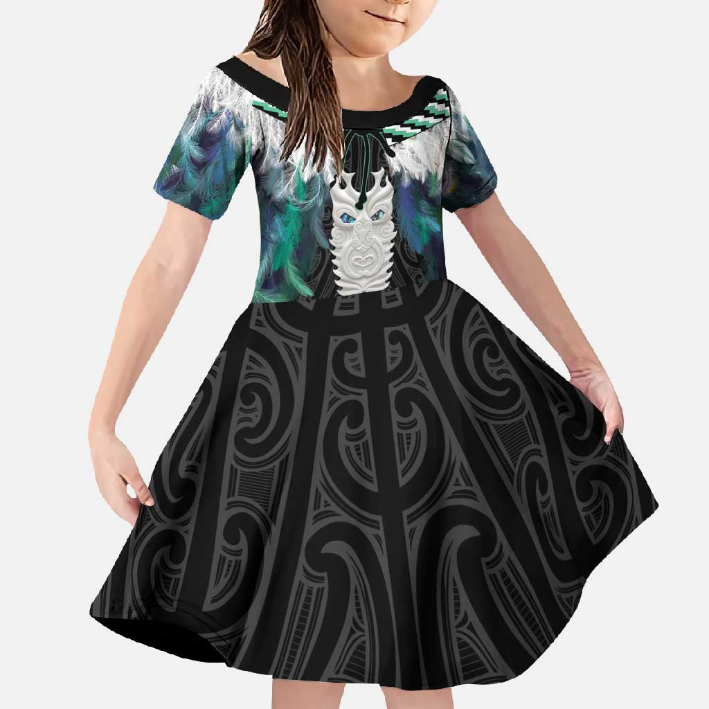 Aotearoa Korowai Motif Family Matching Summer Maxi Dress and Hawaiian Shirt Maori Tane Poutama LT14 Daughter's Dress Turquoise - Polynesian Pride