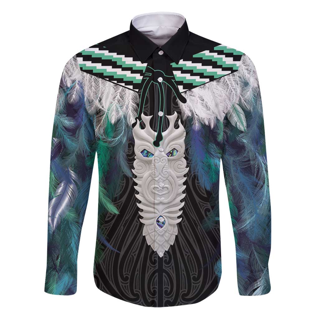 Aotearoa Korowai Motif Family Matching Tank Maxi Dress and Hawaiian Shirt Maori Tane Poutama LT14 Dad's Shirt - Long Sleeve Turquoise - Polynesian Pride