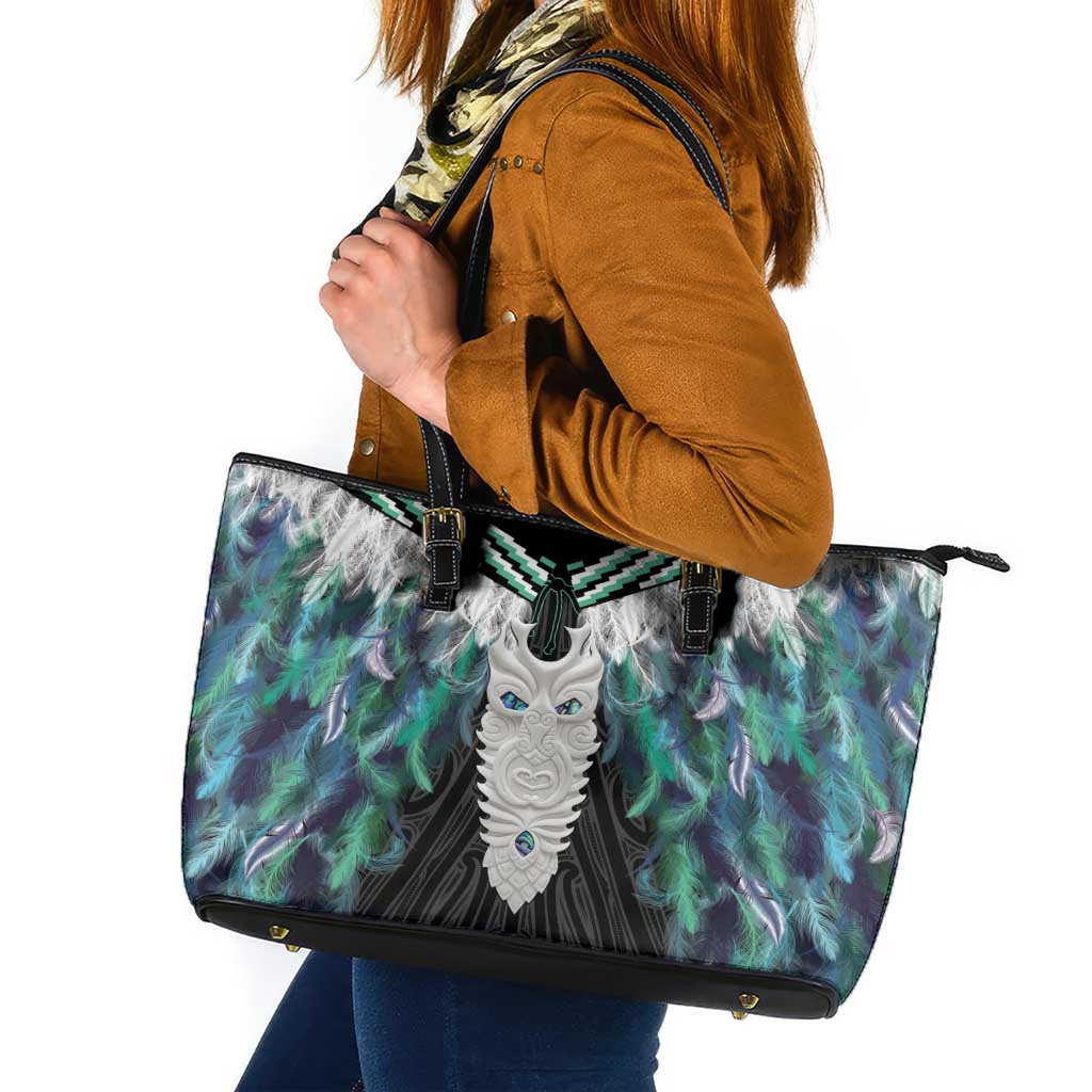 Aotearoa Korowai Motif Leather Tote Bag Maori Tane Poutama LT14 Turquoise - Polynesian Pride