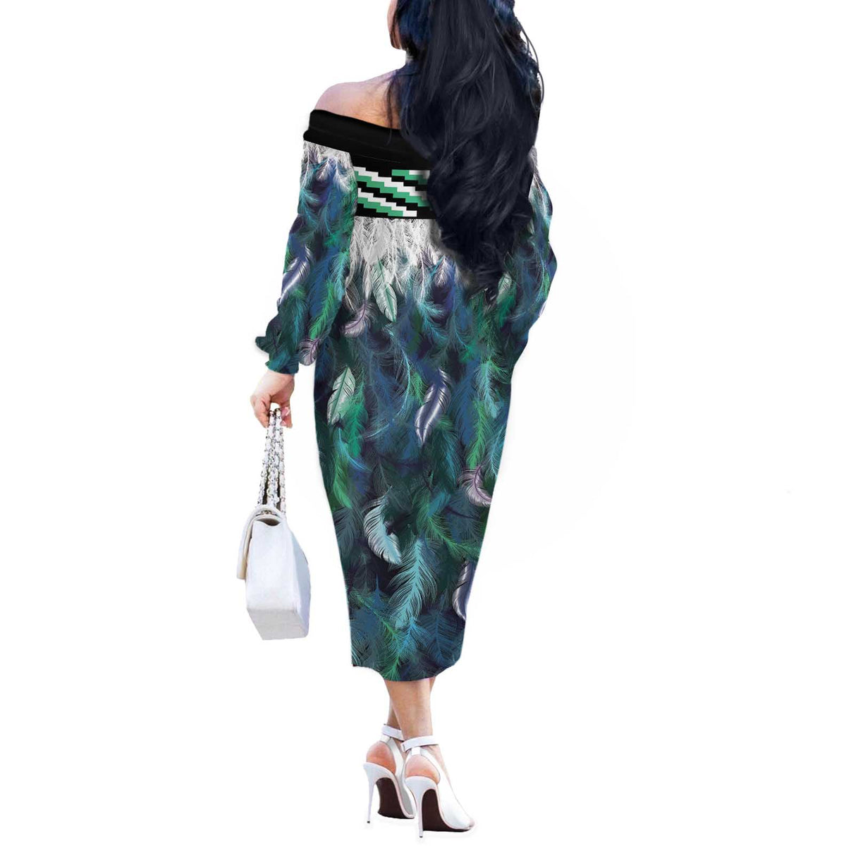 Aotearoa Korowai Motif Off The Shoulder Long Sleeve Dress Maori Tane Poutama LT14 - Polynesian Pride