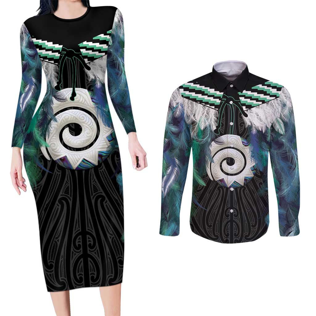 Aotearoa Korowai Motif Couples Matching Long Sleeve Bodycon Dress and Long Sleeve Button Shirt Maori Koru Poutama LT14 Turquoise - Polynesian Pride
