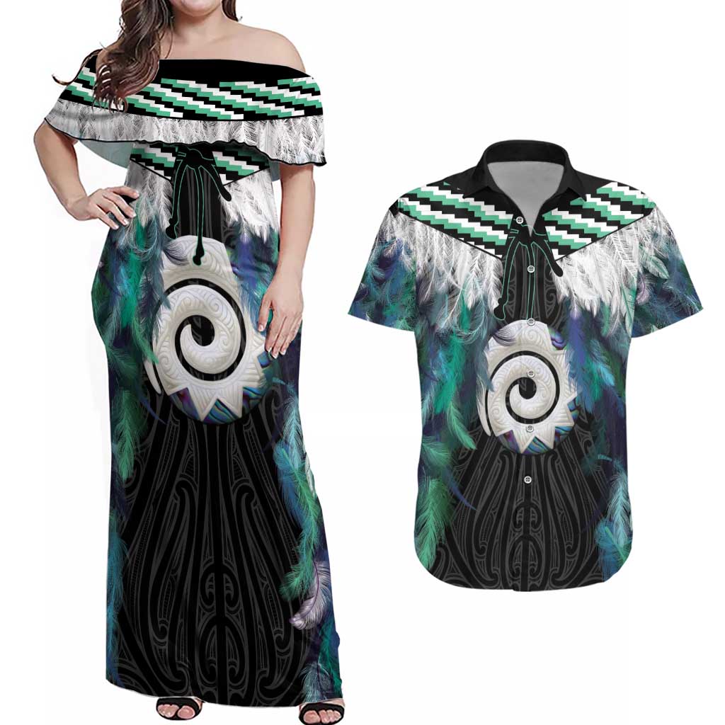 Aotearoa Korowai Motif Couples Matching Off Shoulder Maxi Dress and Hawaiian Shirt Maori Koru Poutama LT14 Turquoise - Polynesian Pride