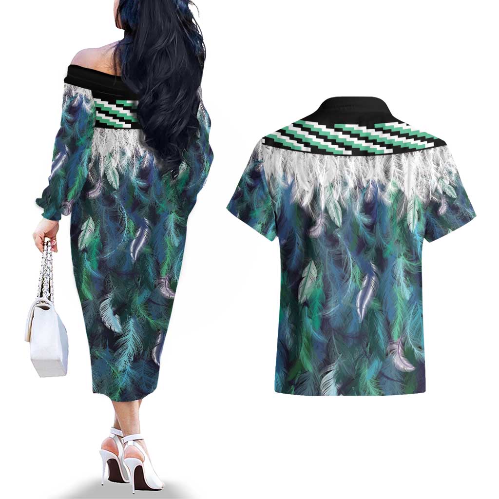 Aotearoa Korowai Motif Couples Matching Off The Shoulder Long Sleeve Dress and Hawaiian Shirt Maori Koru Poutama LT14 - Polynesian Pride
