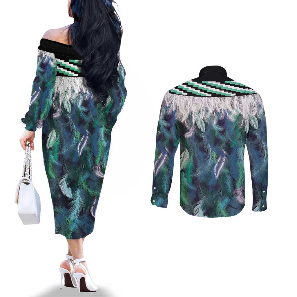 Aotearoa Korowai Motif Couples Matching Off The Shoulder Long Sleeve Dress and Long Sleeve Button Shirt Maori Koru Poutama LT14 - Polynesian Pride