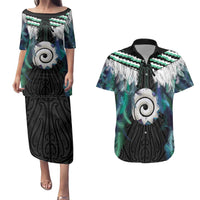 Aotearoa Korowai Motif Couples Matching Puletasi and Hawaiian Shirt Maori Koru Poutama LT14 Turquoise - Polynesian Pride