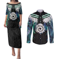 Aotearoa Korowai Motif Couples Matching Puletasi and Long Sleeve Button Shirt Maori Koru Poutama