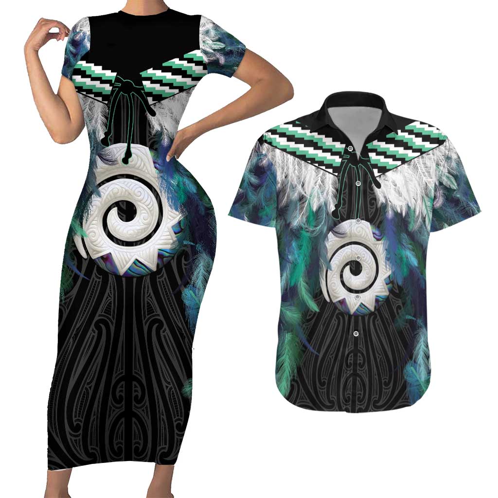 Aotearoa Korowai Motif Couples Matching Short Sleeve Bodycon Dress and Hawaiian Shirt Maori Koru Poutama LT14 Turquoise - Polynesian Pride