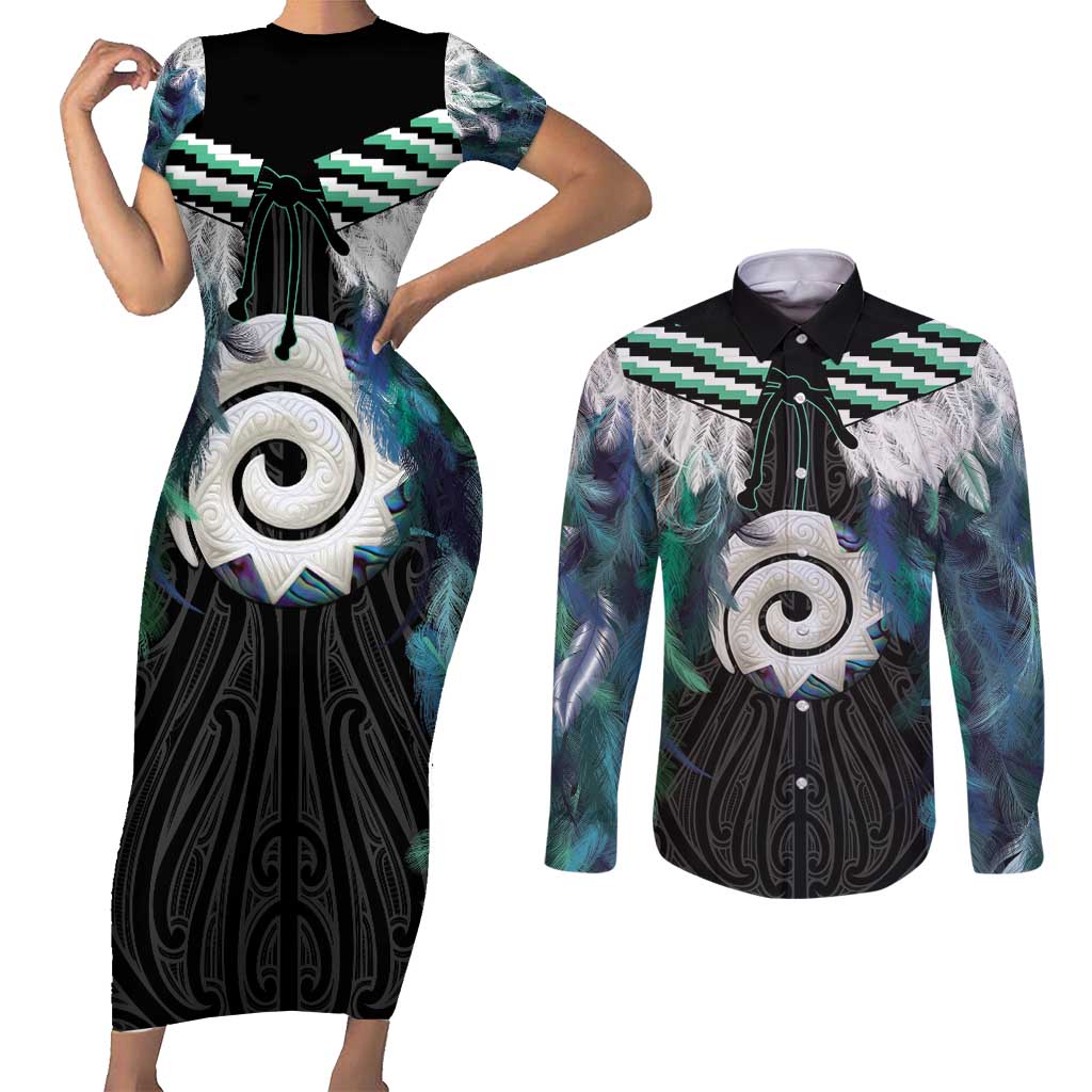 Aotearoa Korowai Motif Couples Matching Short Sleeve Bodycon Dress and Long Sleeve Button Shirt Maori Koru Poutama LT14 Turquoise - Polynesian Pride