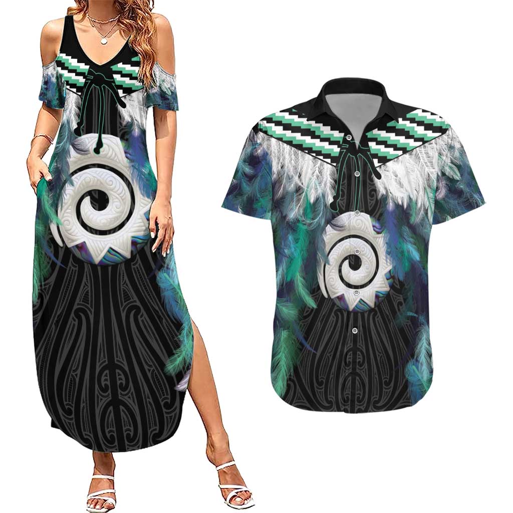 Aotearoa Korowai Motif Couples Matching Summer Maxi Dress and Hawaiian Shirt Maori Koru Poutama LT14 Turquoise - Polynesian Pride
