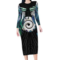 Aotearoa Korowai Motif Family Matching Long Sleeve Bodycon Dress and Hawaiian Shirt Maori Koru Poutama LT14 Mom's Dress Turquoise - Polynesian Pride