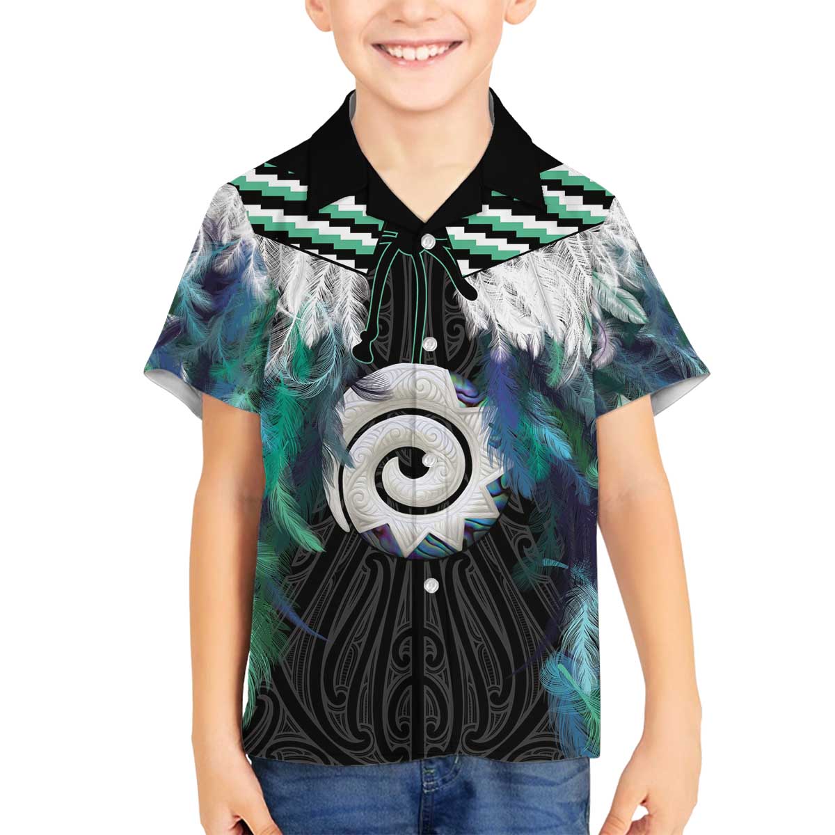 Aotearoa Korowai Motif Family Matching Off The Shoulder Long Sleeve Dress and Hawaiian Shirt Maori Koru Poutama LT14 Son's Shirt Turquoise - Polynesian Pride