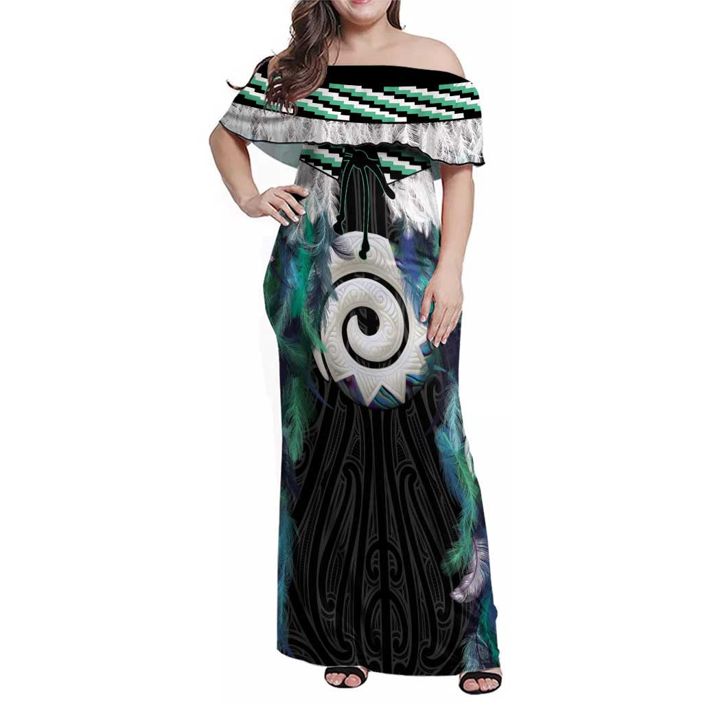 Aotearoa Korowai Motif Family Matching Off Shoulder Maxi Dress and Hawaiian Shirt Maori Koru Poutama LT14 Mom's Dress Turquoise - Polynesian Pride