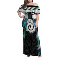 Aotearoa Korowai Motif Family Matching Off Shoulder Maxi Dress and Hawaiian Shirt Maori Koru Poutama LT14 Mom's Dress Turquoise - Polynesian Pride