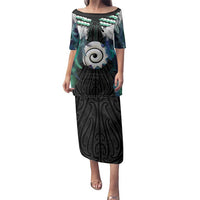 Aotearoa Korowai Motif Family Matching Puletasi and Hawaiian Shirt Maori Koru Poutama LT14 Mom's Dress Turquoise - Polynesian Pride