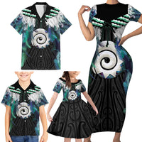 Aotearoa Korowai Motif Family Matching Short Sleeve Bodycon Dress and Hawaiian Shirt Maori Koru Poutama LT14 - Polynesian Pride