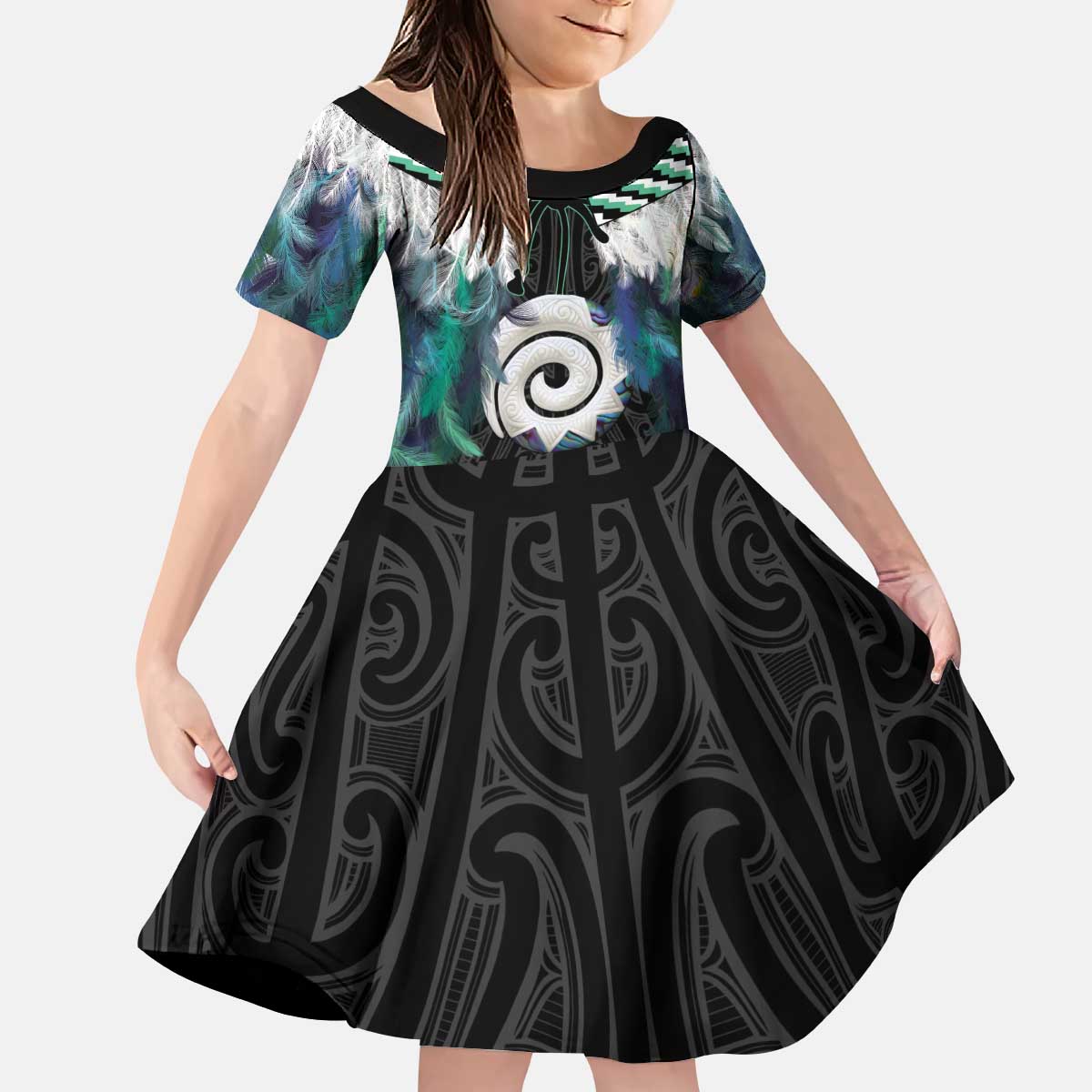 Aotearoa Korowai Motif Kid Short Sleeve Dress Maori Koru Poutama
