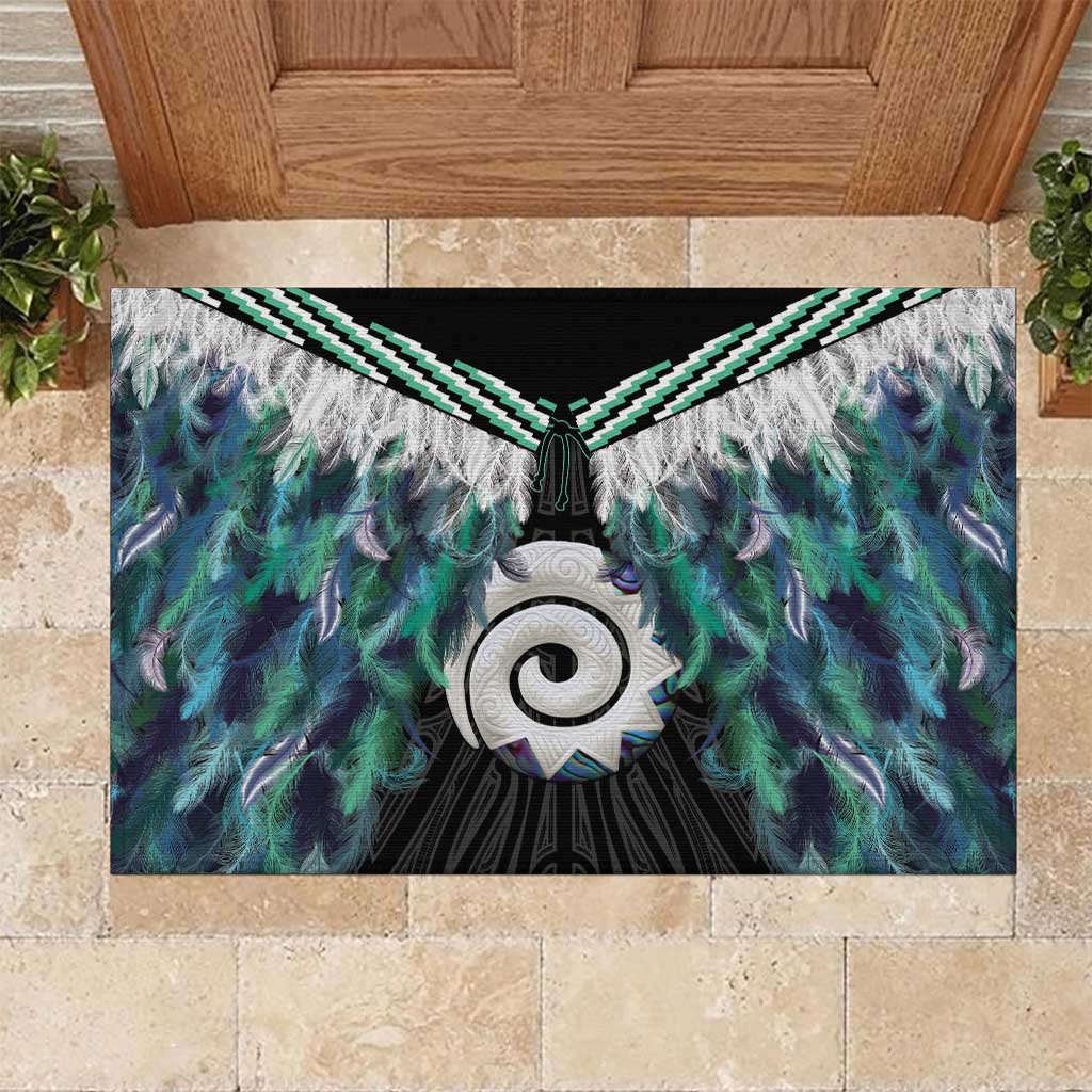 Aotearoa Korowai Motif Rubber Doormat Maori Koru Poutama LT14 Turquoise - Polynesian Pride