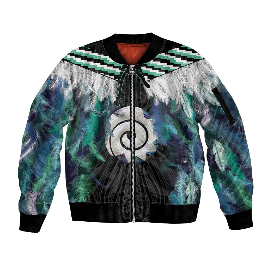 Aotearoa Korowai Motif Sleeve Zip Bomber Jacket Maori Koru Poutama LT14 Unisex Turquoise - Polynesian Pride