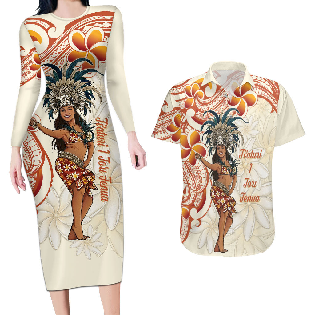 Heiva i Tahiti Couples Matching Long Sleeve Bodycon Dress and Hawaiian Shirt Ori Tahitian Dance Tiare Maori LT14 Beige - Polynesian Pride