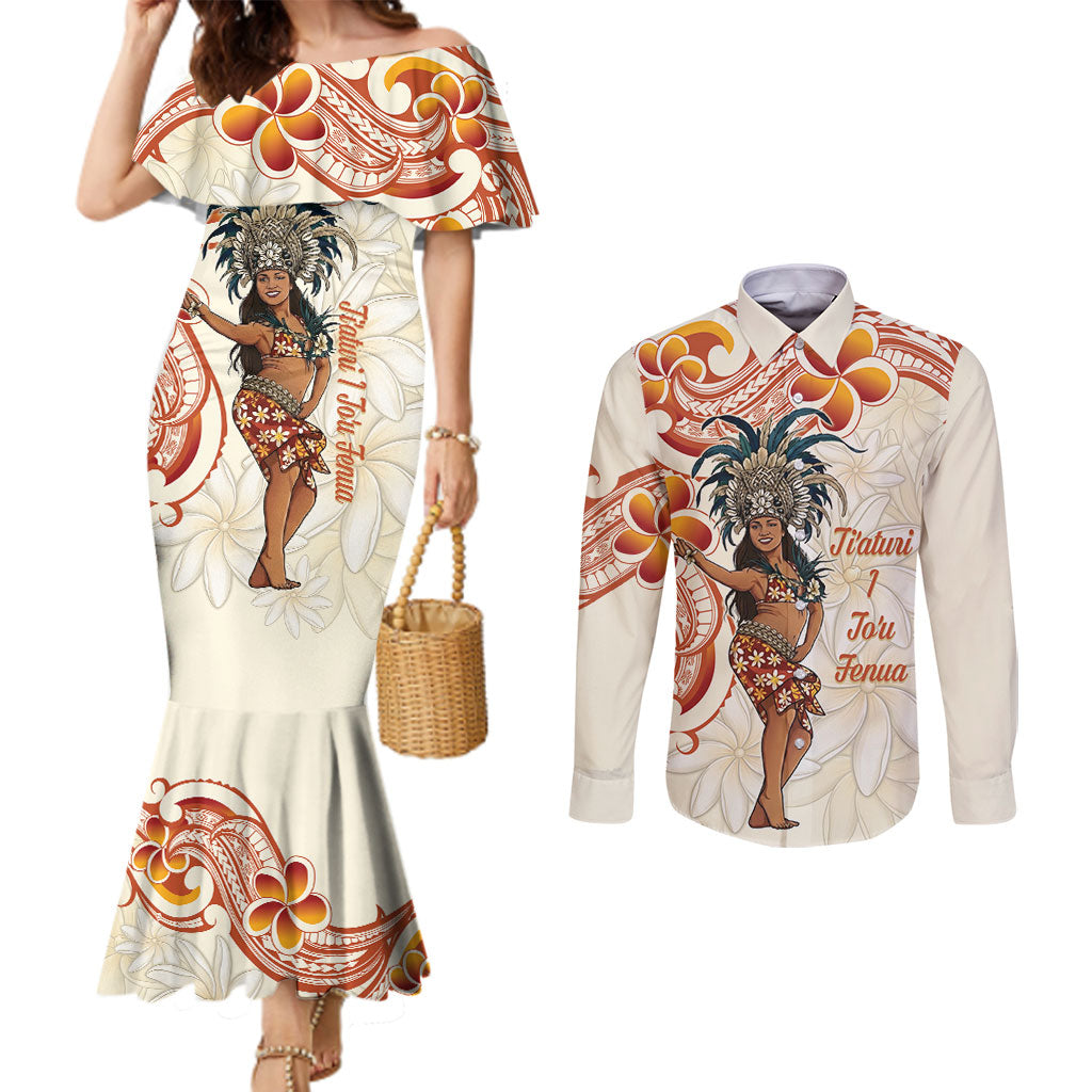 Heiva i Tahiti Couples Matching Mermaid Dress and Long Sleeve Button Shirt Ori Tahitian Dance Tiare Maori LT14 Beige - Polynesian Pride