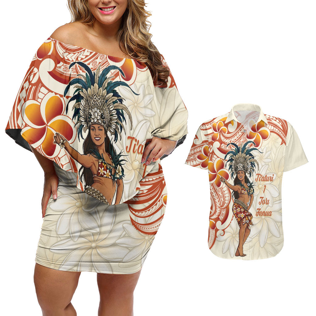 Heiva i Tahiti Couples Matching Off Shoulder Short Dress and Hawaiian Shirt Ori Tahitian Dance Tiare Maori LT14 Beige - Polynesian Pride
