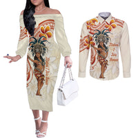 Heiva i Tahiti Couples Matching Off The Shoulder Long Sleeve Dress and Long Sleeve Button Shirt Ori Tahitian Dance Tiare Maori LT14 Beige - Polynesian Pride