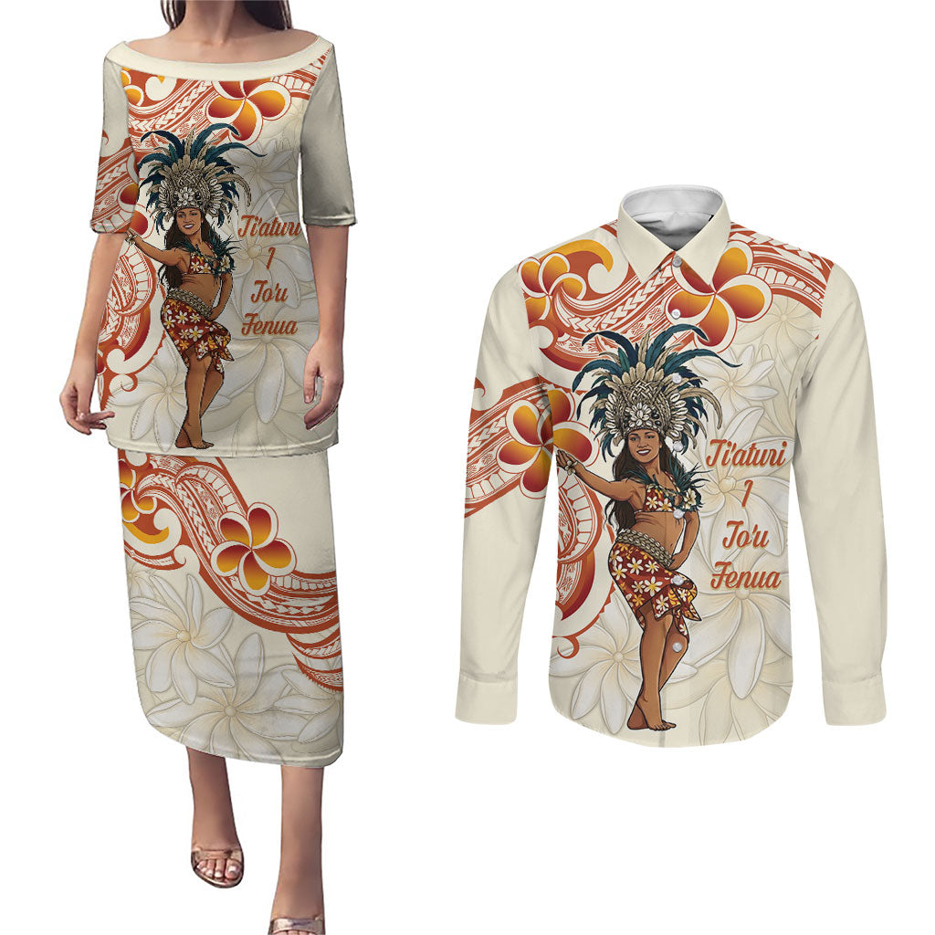 Heiva i Tahiti Couples Matching Puletasi and Long Sleeve Button Shirt Ori Tahitian Dance Tiare Maori LT14 Beige - Polynesian Pride