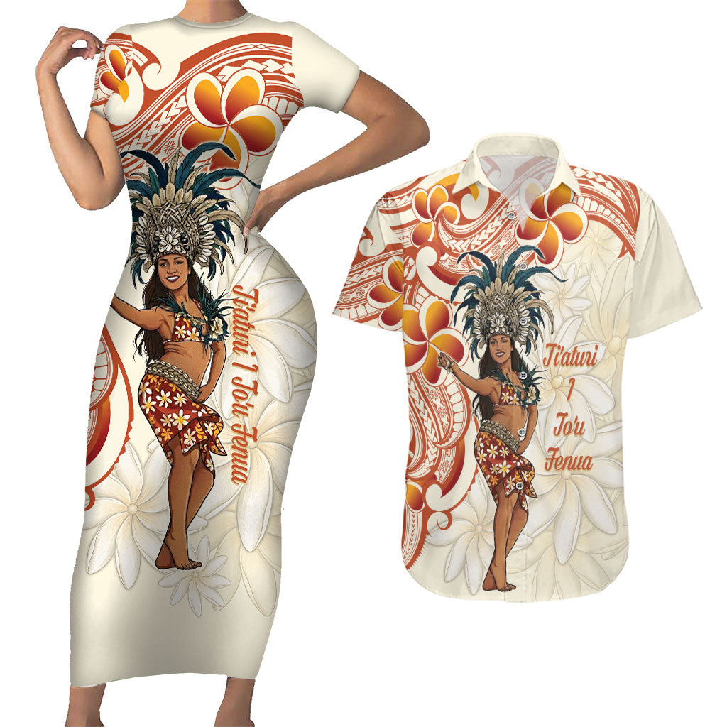 Heiva i Tahiti Couples Matching Short Sleeve Bodycon Dress and Hawaiian Shirt Ori Tahitian Dance Tiare Maori LT14 Beige - Polynesian Pride