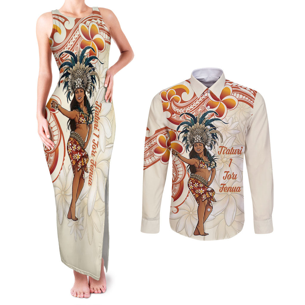 Heiva i Tahiti Couples Matching Tank Maxi Dress and Long Sleeve Button Shirt Ori Tahitian Dance Tiare Maori LT14 Beige - Polynesian Pride
