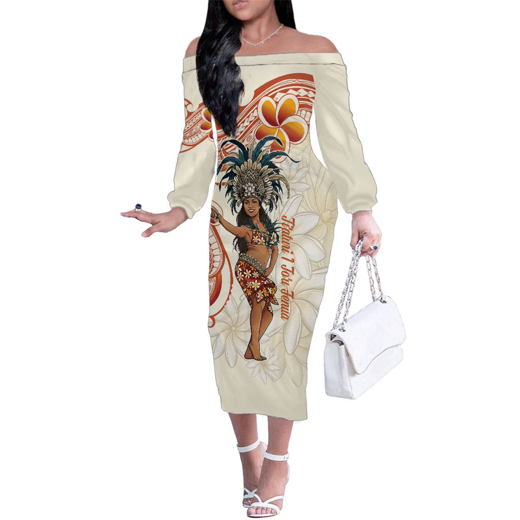 Heiva i Tahiti Family Matching Off The Shoulder Long Sleeve Dress and Hawaiian Shirt Ori Tahitian Dance Tiare Maori LT14 Mom's Dress Beige - Polynesian Pride