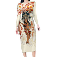 Heiva i Tahiti Long Sleeve Bodycon Dress Ori Tahitian Dance Tiare Maori LT14 Long Dress Beige - Polynesian Pride