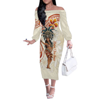 Heiva i Tahiti Off The Shoulder Long Sleeve Dress Ori Tahitian Dance Tiare Maori LT14 Women Beige - Polynesian Pride