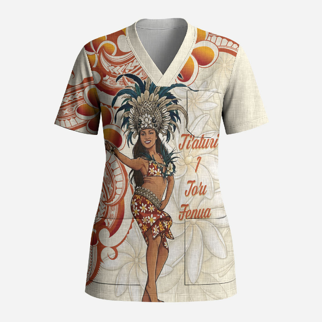 Heiva i Tahiti Scrub Top Ori Tahitian Dance Tiare Maori LT14 Adult Beige - Polynesian Pride