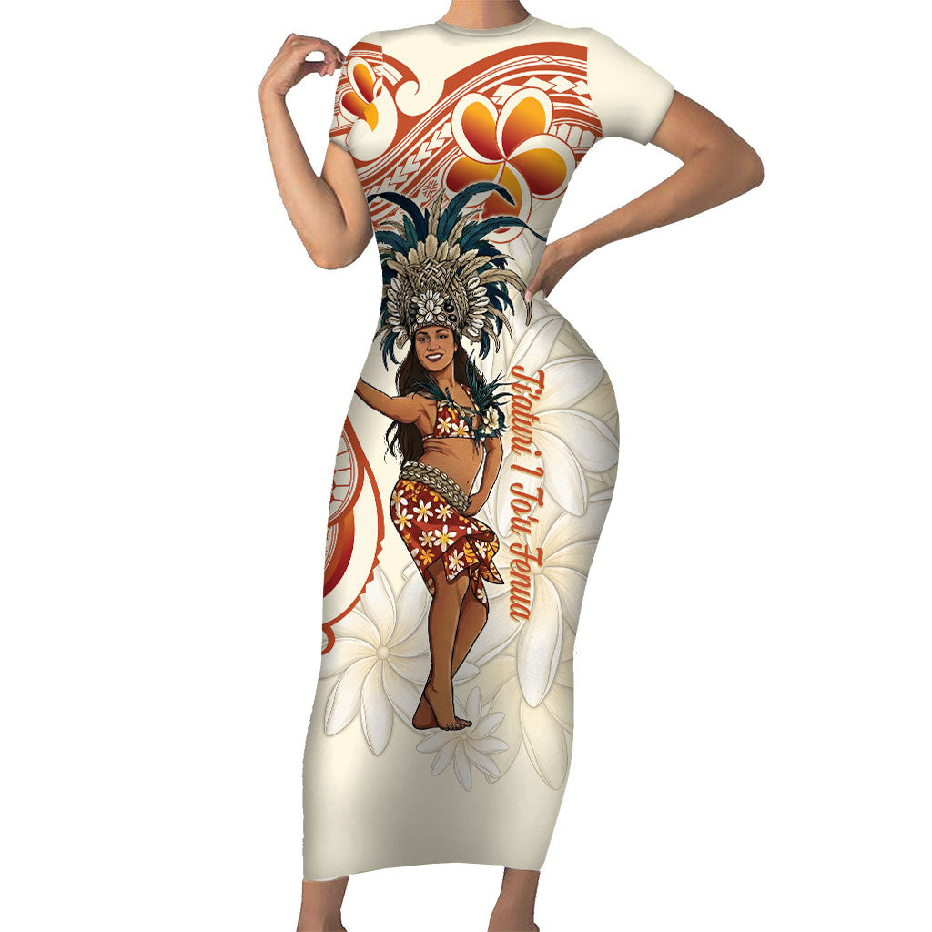 Heiva i Tahiti Short Sleeve Bodycon Dress Ori Tahitian Dance Tiare Maori LT14 Long Dress Beige - Polynesian Pride