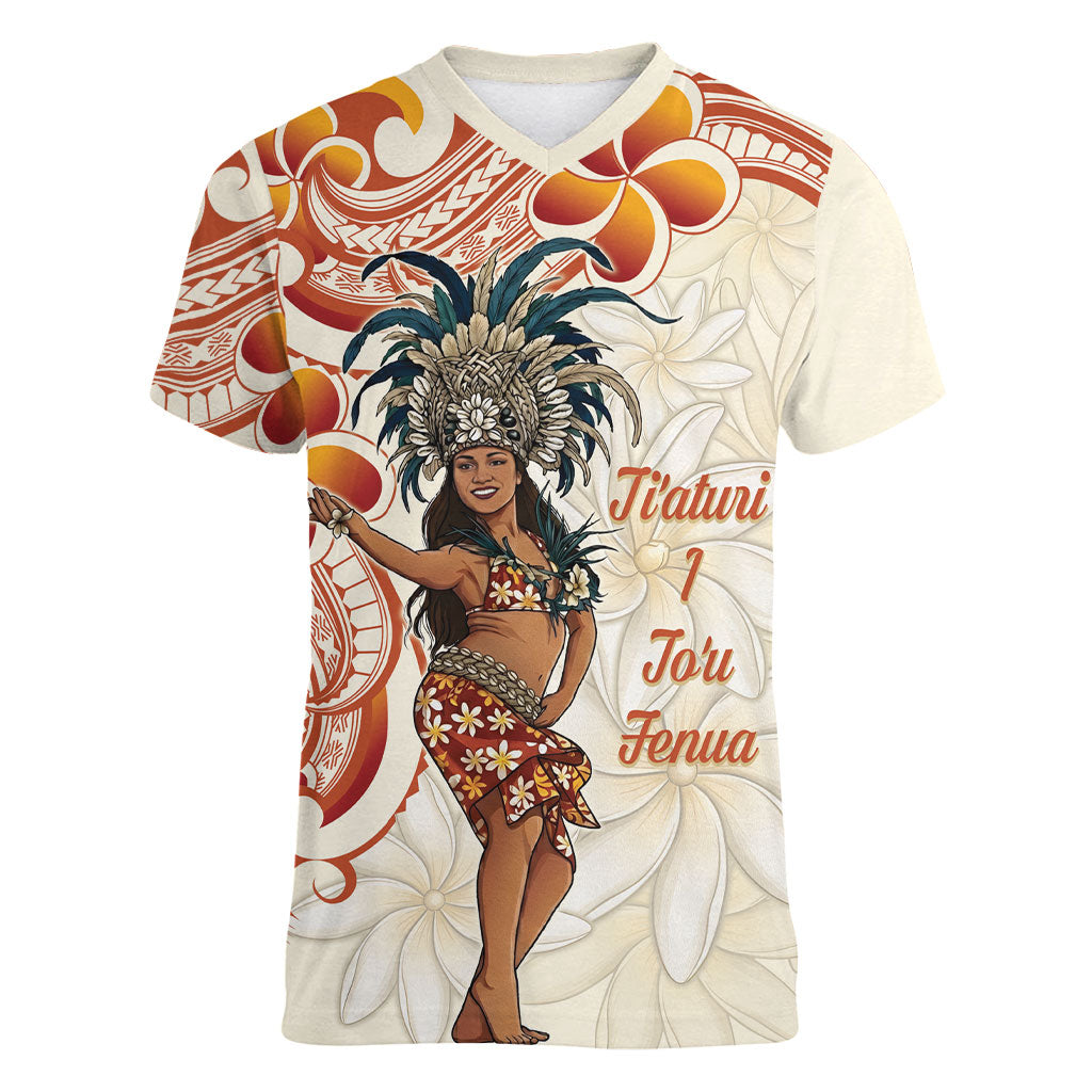 Heiva i Tahiti Women V-Neck T-Shirt Ori Tahitian Dance Tiare Maori LT14 Female Beige - Polynesian Pride