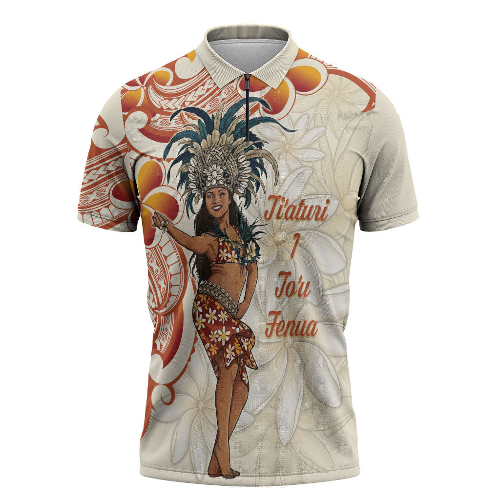 Heiva i Tahiti Zipper Polo Shirt Ori Tahitian Dance Tiare Maori LT14 Beige - Polynesian Pride