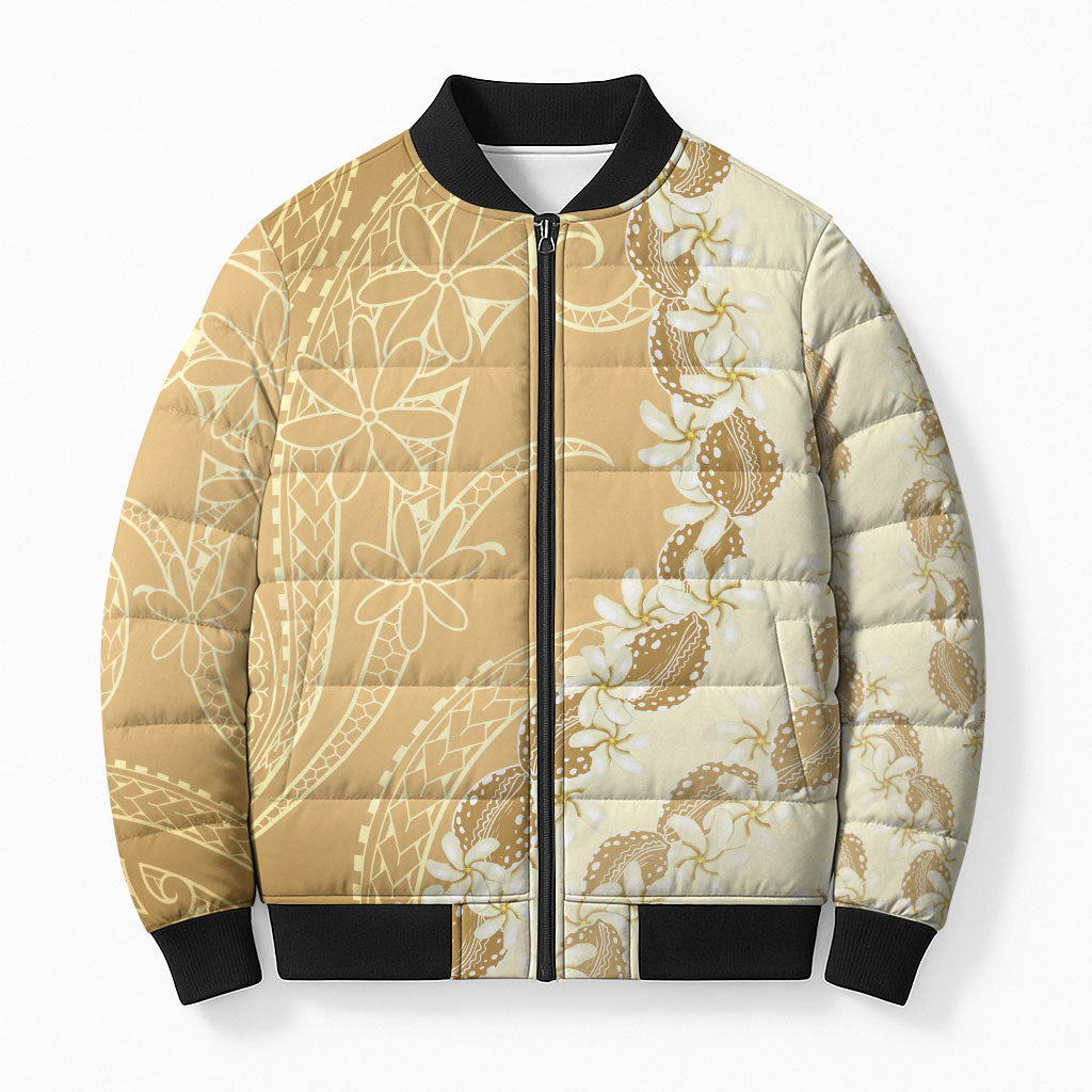 Heiva i Tahiti Bomber Puffer Jacket Tahitian Tiare Maori Cowrie Lei Brown