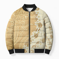 Heiva i Tahiti Bomber Puffer Jacket Tahitian Tiare Maori Cowrie Lei Brown