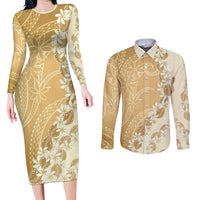 Heiva i Tahiti Couples Matching Long Sleeve Bodycon Dress and Long Sleeve Button Shirt Tahitian Tiare Maori Cowrie Lei Brown LT14 Brown - Polynesian Pride